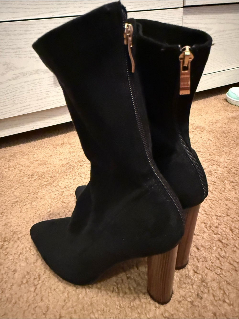 Women’s Black Suede Block Heel Boots with Gold Zipper